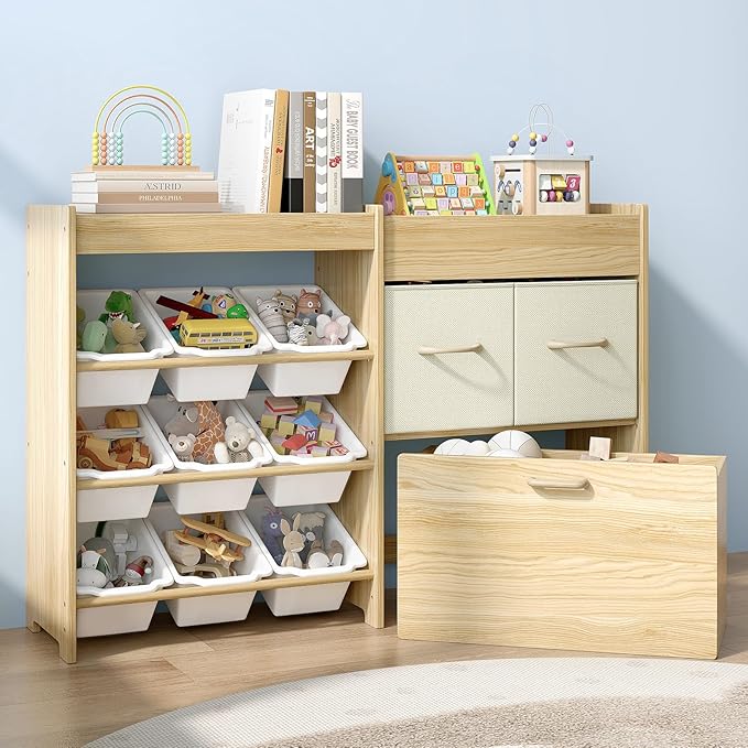 EXPERLAM Toy Storage Organizer for Kids, 9-Bin Toy Organizer with 2-Drawers, Movable Toy Chest and Top Rack, Multifunctional 