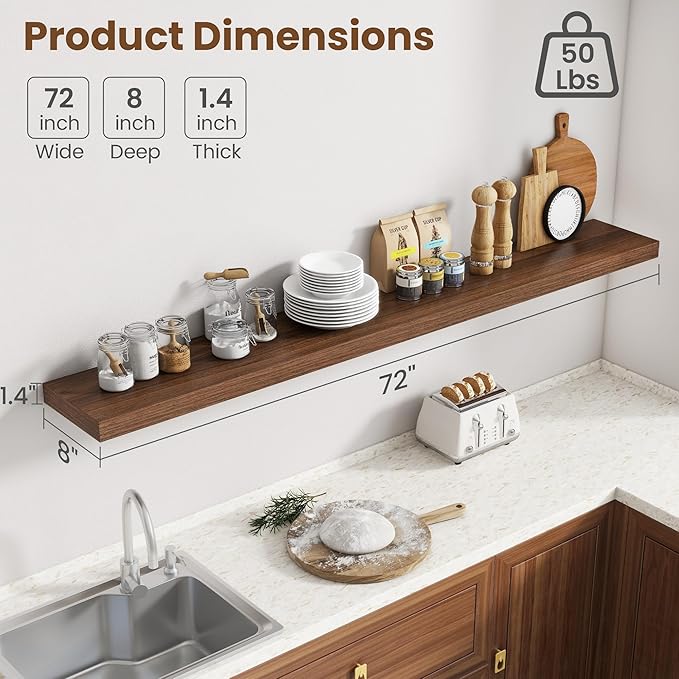 72 Inch Floating Shelves for Wall, 8 Inch Deep Floating Shelf for Storage & Display, Rustic Wall Mounted Shelf with Invisible