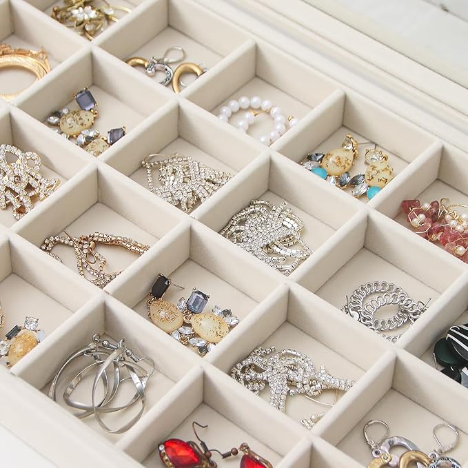 Coward Jewelry Organizer Box, Beige Velvet 24 Grids Ring Earring Jewelry Display Tray Case with Transparent Glass Lid for Hom
