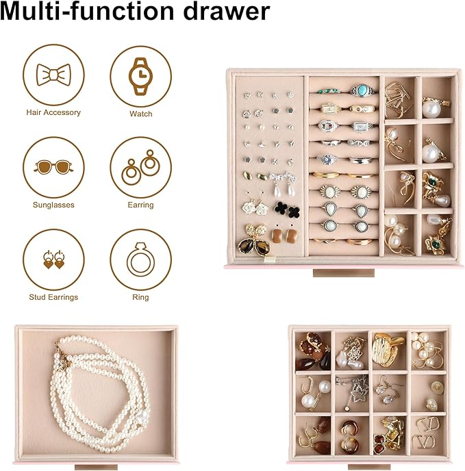 Frebeauty Clear Lid Jewelry Box,3-Layer Jewelry Organizer with Drawer,PU Leather Jewelry Organizers and Storage,Jewelry Boxes