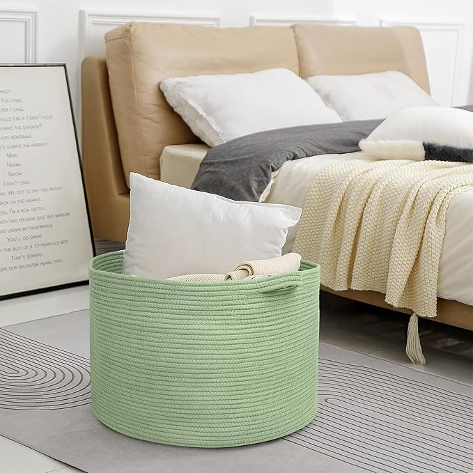 MEGASKET Extra Large Green Basket, 22" X 22" X 14" Woven Cotton Rope Baskets for Blankets, Nursery Laundry Basket, Cute Kids 