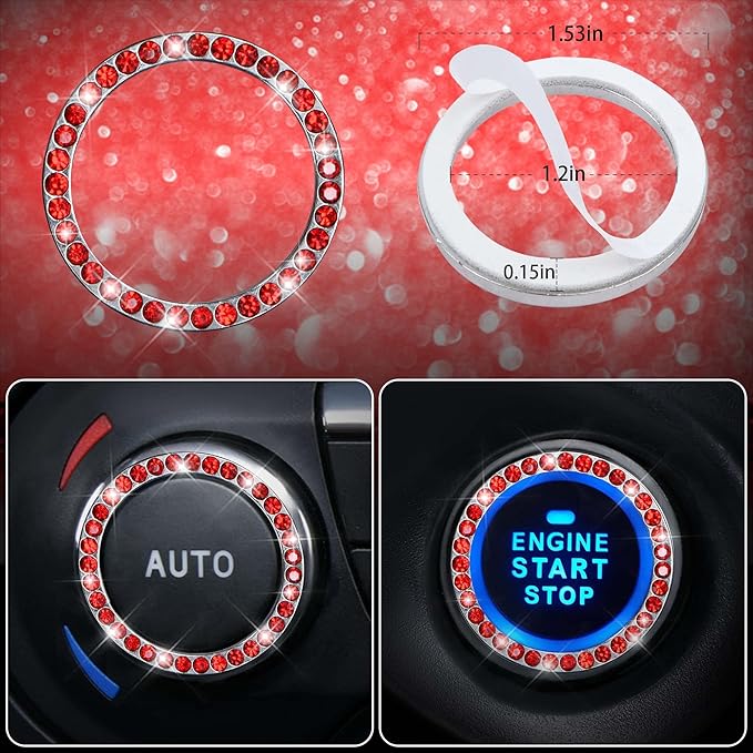 CAR PASS 11 PCS Bling Red Steering Wheel Cover Set for Women, Sparkly Rhinestone Diamond Bling Seat Belt Cushion, Glitter Shi