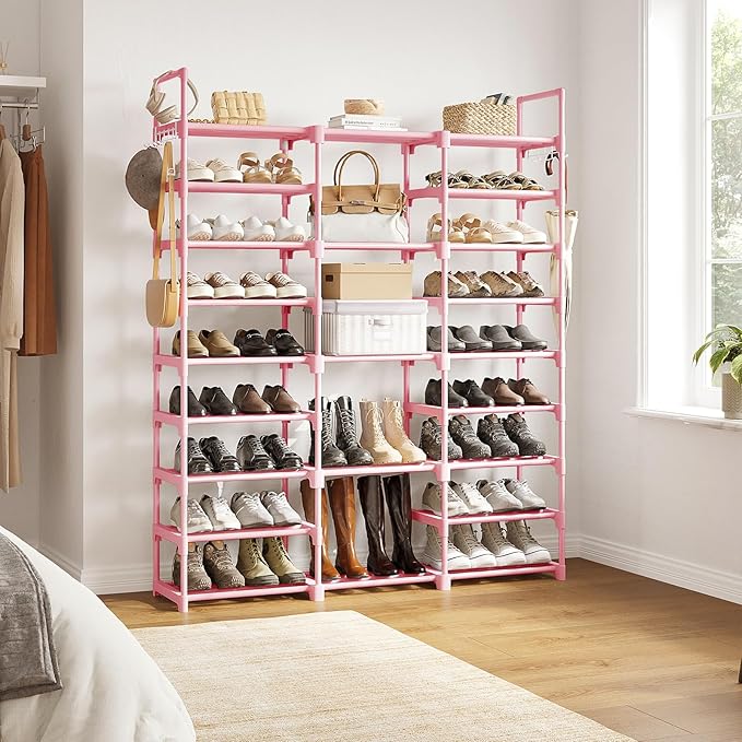 WOWLIVE 9 Tiers Shoe Rack Shoe Storage Shoe Organizer 50-55 Pairs Shoe Tower Unit Shelf Durable Metal Pipes with Plastic Conn