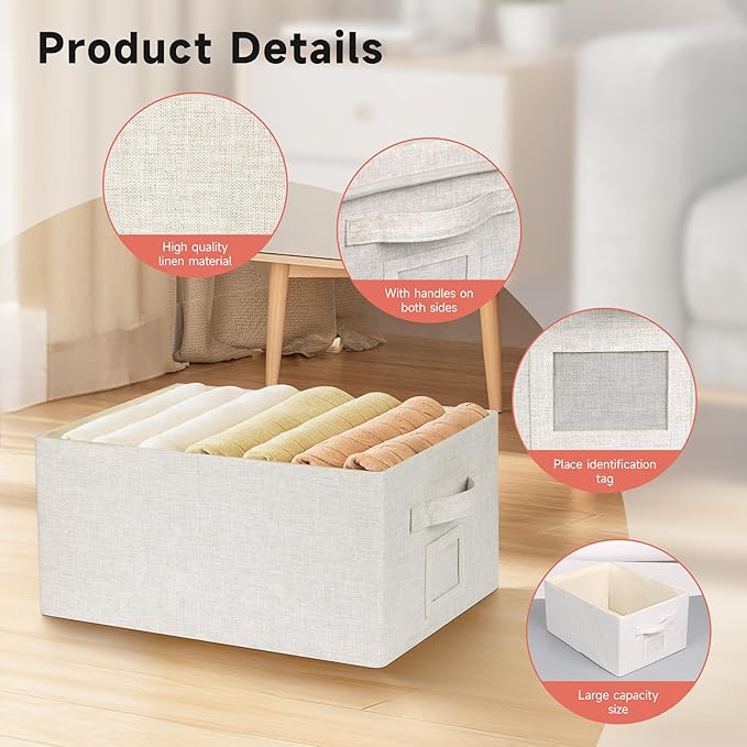 Large 17''x12'' Quart Collapsible Stackable Storage Bins with Lids, 6 Packs Off White Fabric Closet Boxes with Lids, Storage 