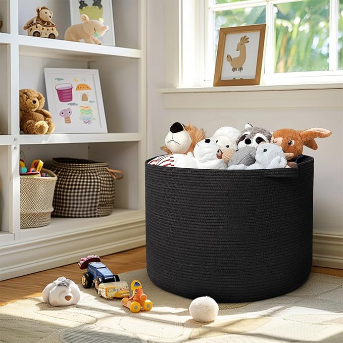 MEGASKET 115L Super Large Black Blanket Basket, 23.6"x15.7" Woven Rope Bin for Storage, Oversized Kids Dog Toy Storage Box Bi