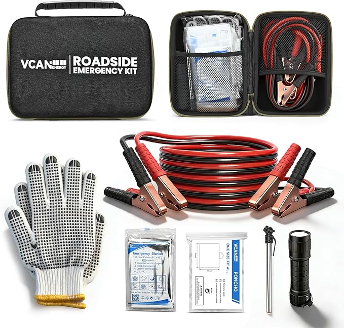 Car Emergency Safety Kit Bag with Jumper Cables, Tire Pressure Gauge, Auto Vehicle Safety Road Side Assistance Kits Essential