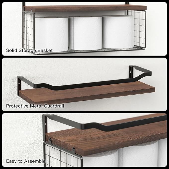 WOPITUES Floating Shelves with Wire Storage Basket, Bathroom Shelves Over Toilet with Protective Metal Guardrail, Wood Wall S