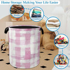 Pink Plaid Laundry Basket Collapsible Laundry Hamper with Handle, Oxford Clothes Toy Storage Bin for Bathroom Bedroom Room De