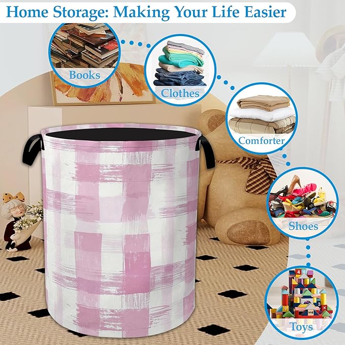 Pink Plaid Laundry Basket Collapsible Laundry Hamper with Handle, Oxford Clothes Toy Storage Bin for Bathroom Bedroom Room De