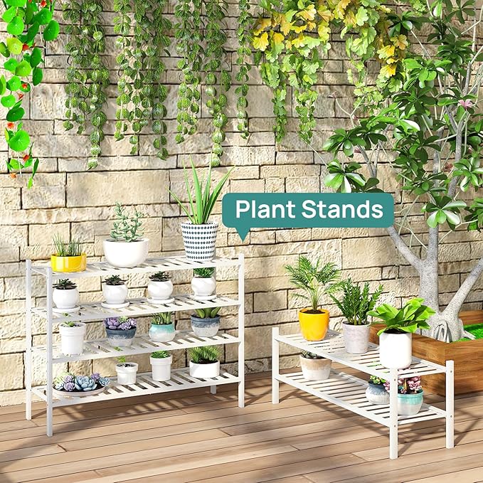 viewcare White 4-Tier Long Shoe Rack, Bamboo Wood, 33-Inch