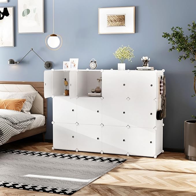 C&AHOME Cube Storage Organizer with Doors, 12-Cube Shelves, Closet Cabinet, DIY Plastic Modular Bookshelf Ideal for Bedroom, 