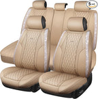 CAR PASS Beige Leather Bling Car Seat Covers Full Set, Luxury Microfiber Nappa PU Cushioned, Waterproof Anti-Slip Universal F