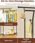 Double Rods Clothes Rack, Rolling Clothing Rack with Wheels, Metal Clothing Racks for Hanging Clothes, Portable Garment Rack 