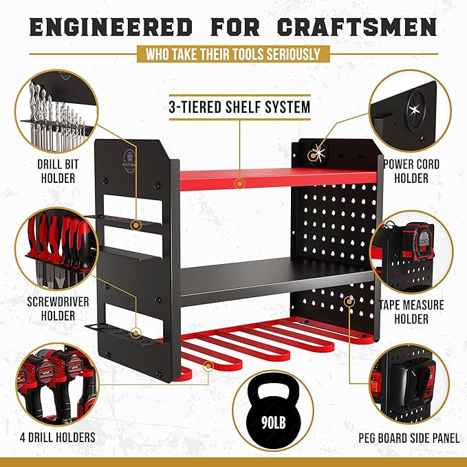 BUILTSTRONG Power Tool Organizer Wall Mount - 3-Tier Heavy-Duty Metal Hand Tool Storage Rack, Utility Racks, Drill Holder, Pe