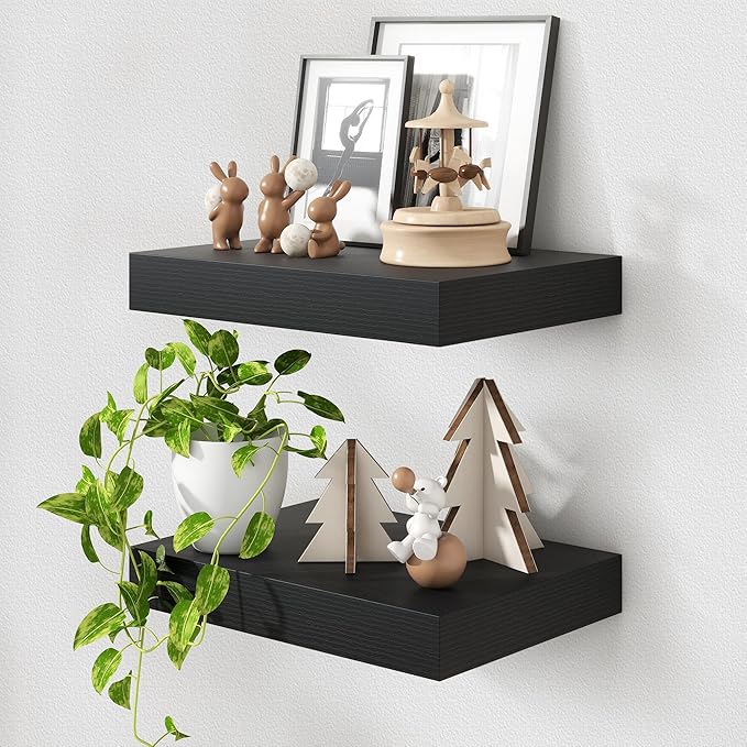 Deep Floating Shelves | 16 Inch Black Floating Shelves Set of 2 | 12 Inch Deep Black Wall Shelves | Deep Shelves for Living R