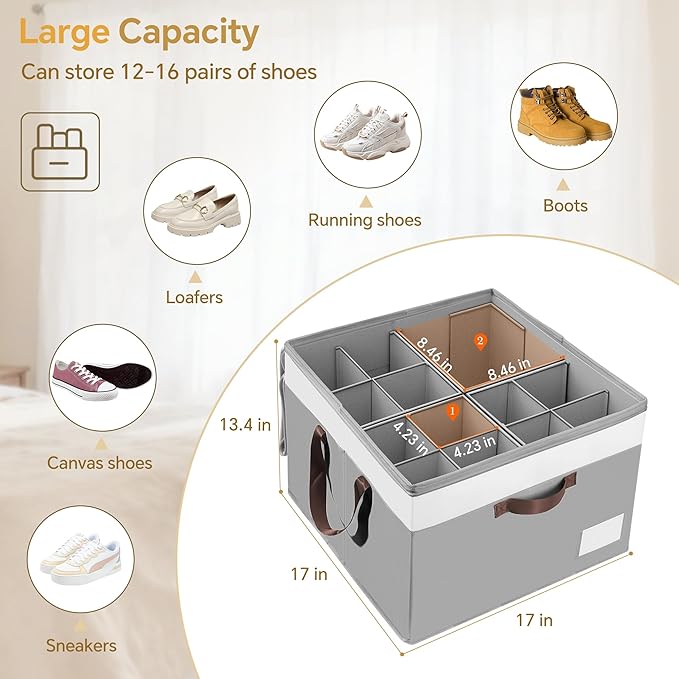 Criusia Shoe Organizer for Closet, 2 Pack Foldable Shoe Storage Organizer Box Bin with Adjustable Dividers and Clear Cover, C