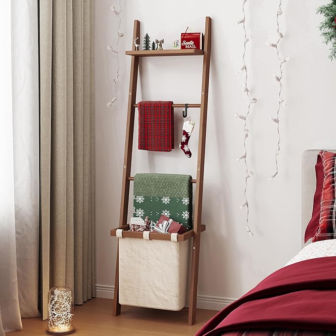 63" Bamboo Blanket Ladder with Shelf, Fabric Storage Basket and 5 Hooks, 4 Tier Leaning Blanket Rack, Farmhouse Towel Ladder 