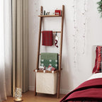 63" Bamboo Blanket Ladder with Shelf, Fabric Storage Basket and 5 Hooks, 4 Tier Leaning Blanket Rack, Farmhouse Towel Ladder 