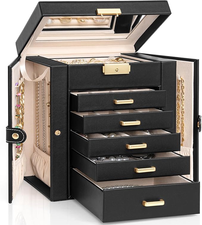 AKOZLIN Large 6-Tier Jewelry Box Lockable Leather Jewelry Storage Case with 5 Drawers for Women Girls Ring Necklace Earring B