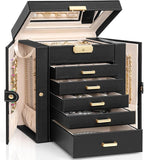 AKOZLIN Large 6-Tier Jewelry Box Lockable Leather Jewelry Storage Case with 5 Drawers for Women Girls Ring Necklace Earring B
