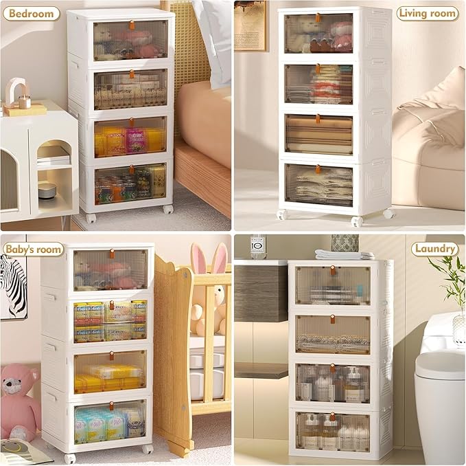 YFXCVSL 4 Tier Plastic Storage Bins with Lid 23QT, Stackable Storage Containers with Wheels, Folding Storage Boxes, Stackable