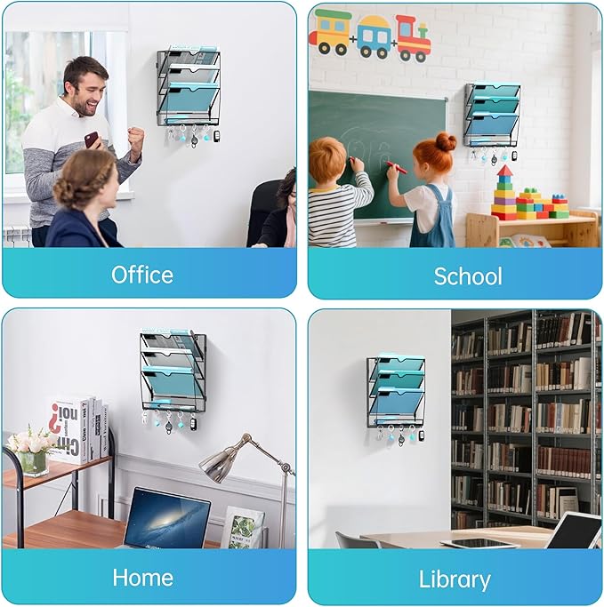 Wall File Organizer - Hanging File Organizer with 5 Hooks, Mail Holder Wall Mounted for Papers, Folders, Magazines, Bills, 4 
