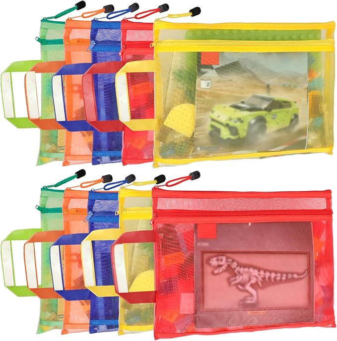 10 Pack 5 Color Mesh Zipper Pouch Bags, Nylon Puzzle Building Block Sets Toy Storage & Organization, Breathable See Through A