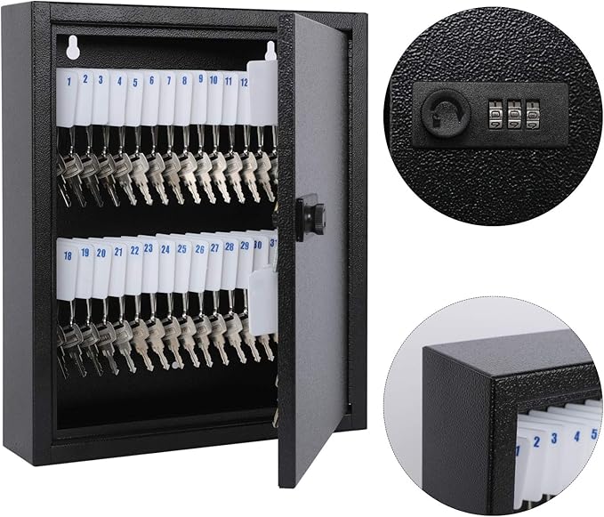 KYODOLED Locking Key Cabinet, 60 Key Storage Lock Box with Code, Key Box Wall Mount with Combination Lock, Key Hooks & Tags K
