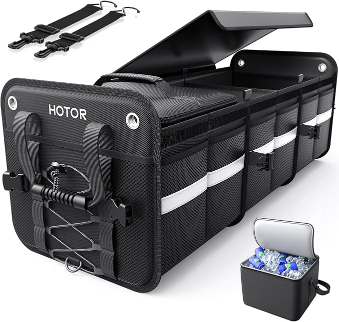 HOTOR Trunk Organizer - 3-Compartment Car Organizer and Storage with Cooler Bag, Foldable Car Storage Organizer for SUV with