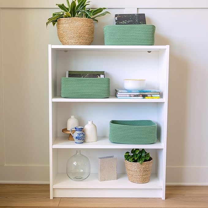 NaturalCozy 13.5”x8.5”x5.5” Rectangle Storage Baskets for Shelves 3 Pack | Cotton Rope Woven Small Baskets for Organizing | S