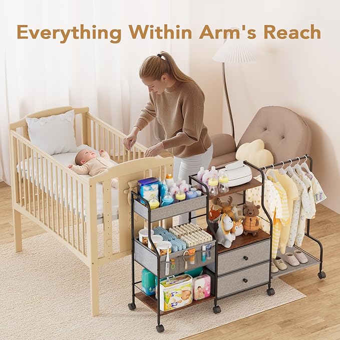 BBLIKE Diaper Caddy Organizer with Hanging Rack - 3 Tier Rolling Utility Cart with Drawers and Dividers for Baby Bottle Stora