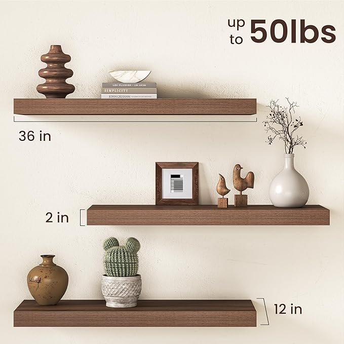 36Inch Walnut Floating Shelves for Wall, 12 Inch Deep Shelves for Bedroom, Kitchen, Bathroom Wall Mounted, Rustic Wood Floati