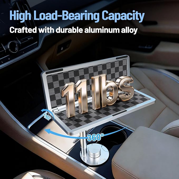 360° Rotating Car Table & Car Tray Desk for Round Cup Holder, Foldable Design & Easy Install, Car Accessories Compatible with Tesla