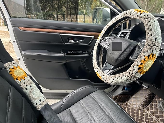 Handmade Crochet Sun Moon Car Steering Wheel Covers Universal 14-15 inch,Cute Steering Wheel Cover,Car Accessories (Wheel Cover+2belt Cover+2Coaster+Hanging)