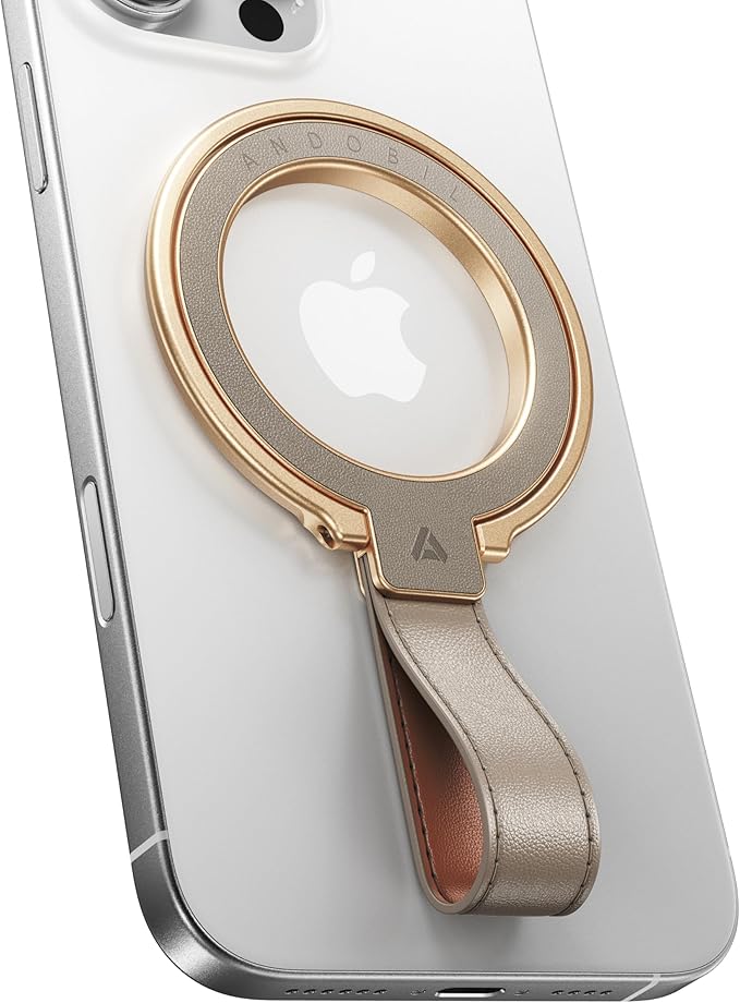 andobil [2026 Premium Leather] Magnetic Phone Grip for MagSafe [Longest Durable] Adjustable Phone Ring Kickstand w/Leather Loop Compatible with MagSafe Accessories&iPhone 17 Air 16 15 Pro Max Greige