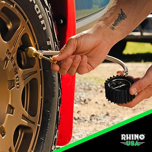 Rhino USA Rapid Tire Deflators with Gauge (0-60psi) Automatic & Adjustable Tire Air Down Tool - Large 2" Easy Read Glow Dial & Solid Brass Hardware - Best Offroad Deflator for Jeep, Truck or ATV