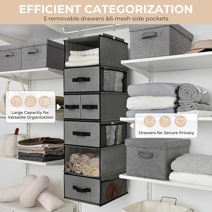 GRANNY SAYS Hanging Closet Organizer 6 Shelves, Closet Organizers and Storage with 5 Drawers, 6 Side Pockets Closet Hanging O