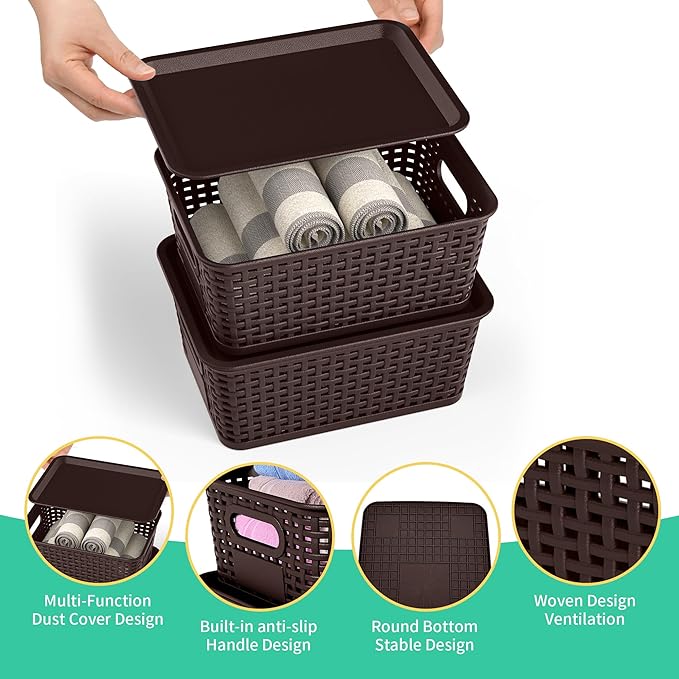 8-Pack Brown Plastic Storage Baskets with Lids, Label Organizers, Stackable Organizer Containers: For Organizing Shelves, Dra