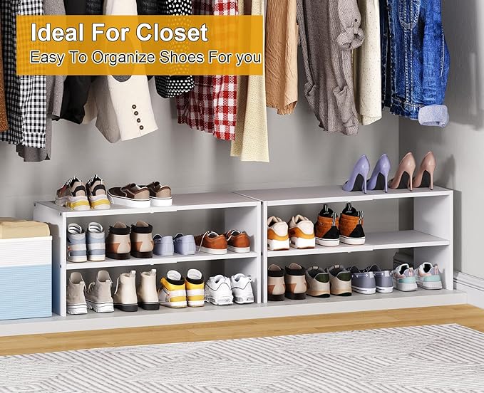 White Shoe Rack Organizer for Closet, 2-Tier Expandable Shoe Shelf, Stackable Iron Wood Combination Small Shoe Racks Shelves 