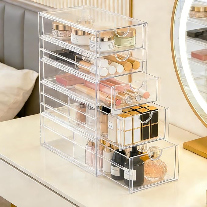 Prsildan Acrylic Drawer Makeup Organizer with 5 Drawers, Hair Accessories Organizer, Office Desk Organization, Clear Stackabl