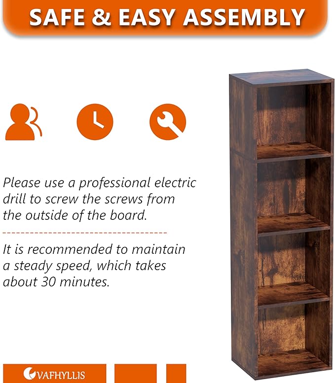 Book Shelf, 4 Cube Storage Organizer, Open Shelves Bookcase 9.3" x 11.8" x 41.7", Bookshelf for Living Room, Bedroom, Home Of