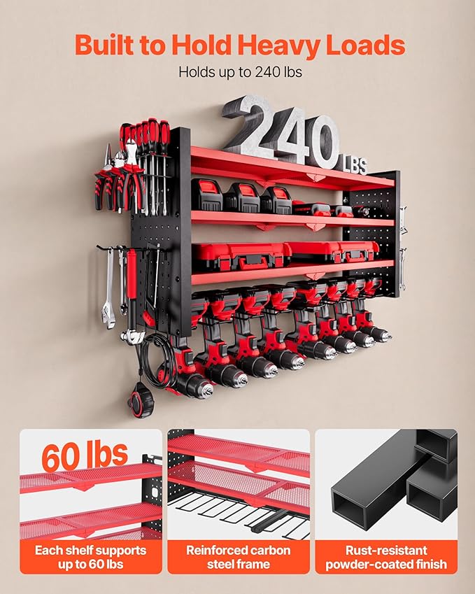 VEVOR Power Tool Organizer Wall Mount, 4-Layer Storage Rack with 8 Drill Holders, Tools Holder and Storage Rack with Side Peg