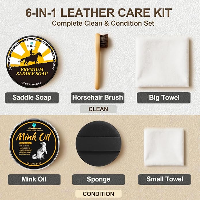 Leather Boot Care Kit – Mink Oil & Saddle Soap for Leather with Applicators & Cloths – 6-Piece Leather Shoe Care Kit for Cowb