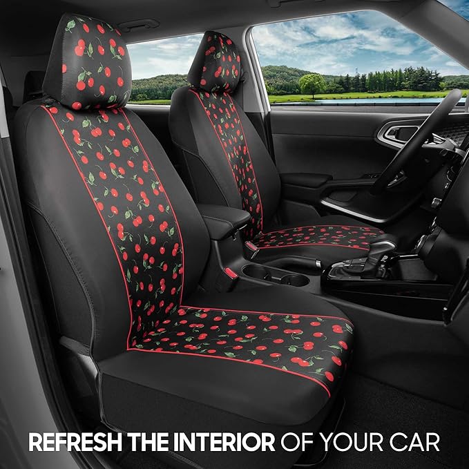 BDK Red Cherry Car Seat Covers for Front Seats, 2 Pack – Classic Pattern with Matching Headrest, Sideless Design for Easy Ins