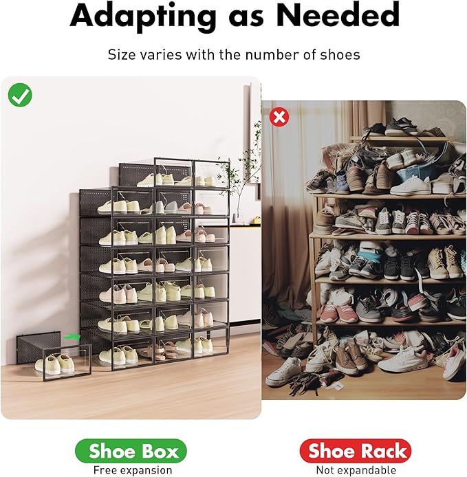 Foluck Shoe Storage Box, 15 Pack Clear Plastic Stackable Shoe Organizer for Closet, Interlocking Design for Sneakers, Foldabl
