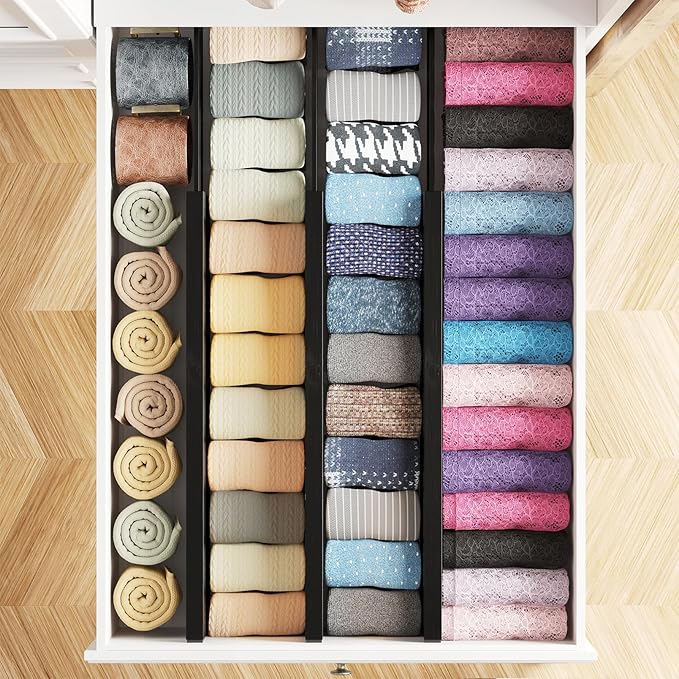 SpaceAid Bamboo Dresser Drawer Dividers 6 Pack, 4.65“ High Adjustable 17“-22” Drawer Organizers, Expandable Organization for 