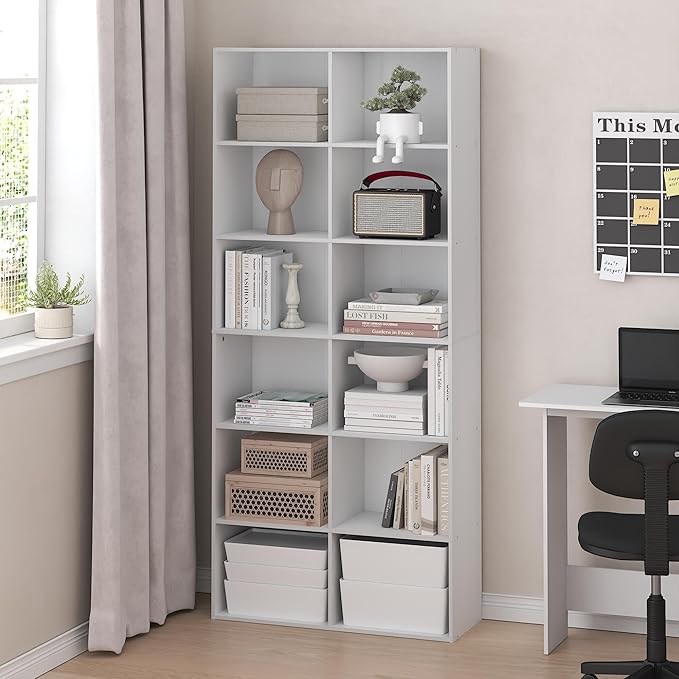 Furinno Basic Book Shelf, 12-Cube Bookshelf, Bookcase with Open Shelf, Cube Storage Organizer, 12 x 32 x 71, for Living Room,