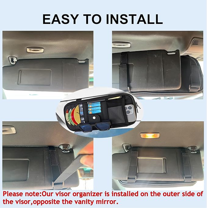 Car Visor Organizer CD Holder, Faux Leather Multi-Pocket Organizer Storage for Car/SUV/Truck with 13 CD Storage Sleeves, Sunglass Clip, Card Holder, CD Case Holder, Visor Accessories