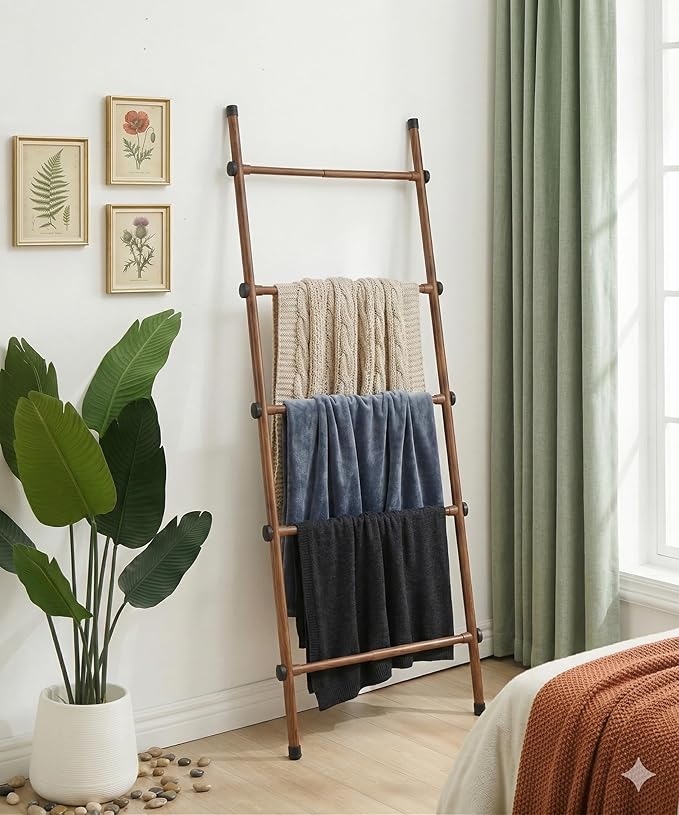 SIBRAD Expandable Blanket Ladder for Living Room, Adjustable Width (17.3"-32.3") Tall Metal Quilt Rack Wall Leaning, Rustic B