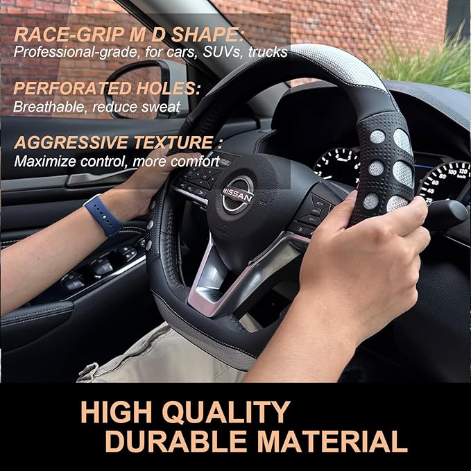 PINCTROT D Shaped Race Grip Steering Wheel Cover, Anti-Slip Silicone Perforated Design with Soft Touch Padding, Enhanced Grip for Sporty Driving Flat Bottom 14.5-15 Inch (Racing Silver)